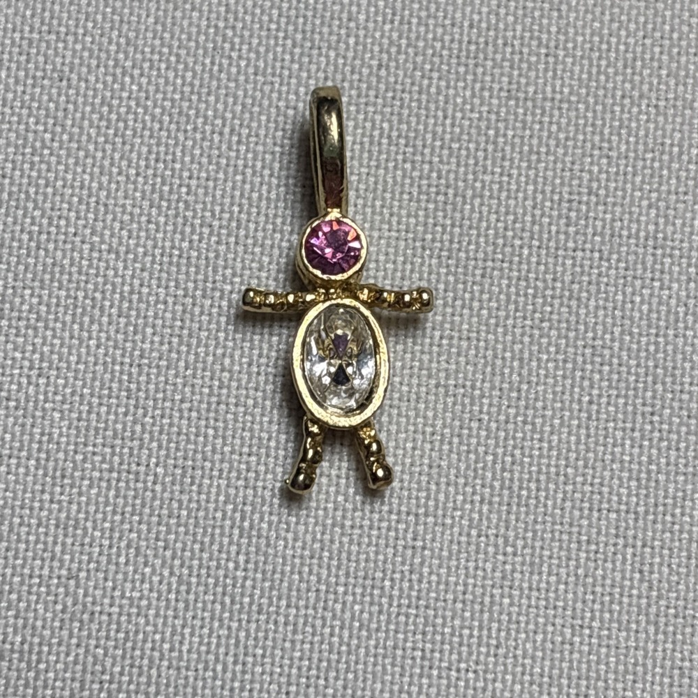 Vtg Birthstone Charm Pendant Goldtone Base Metal Small Stick Boy Pink Stone